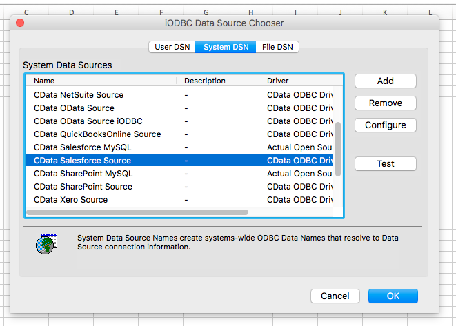 odbc in excel for mac